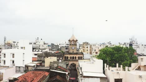 Aerial-of-Raya-Naka-Tower-which-is-located-in-old-Rajkot,-this-gate-has-been-a-major-attraction-for-tourists