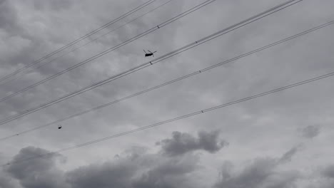 Zwei-Militärische-Chinook-Hubschrauber-Fliegen-Auf-Dem-Weg-Nach-London-über-Strommasten-Und-Bäume-Eines-Naturschutzgebietes