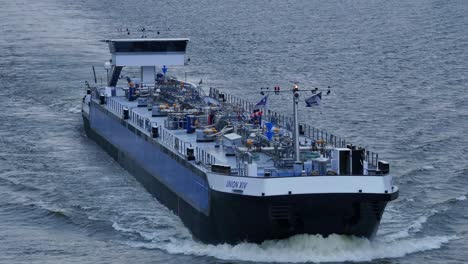 The-tanker,-Union-XIV-at-Moerdijk-en-route-to-the-port-of-Rotterdam,-Netherlands