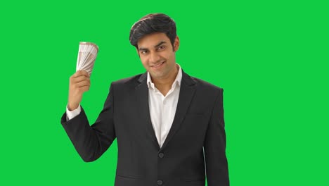 Reicher-Indischer-Geschäftsmann,-Der-Geld-Als-Fan-Greenscreen-Verwendet