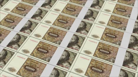 Impresión-De-Billetes-De-1000-Marcos-Alemanes-En-Alemania-Mediante-Una-Prensa-De-Dinero