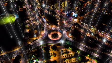 Tráfico-Nocturno,-Paisaje-Urbano-Aéreo