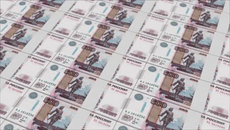 Impresión-De-Billetes-De-500-Rublos-Rusos-Mediante-Una-Prensa-De-Dinero