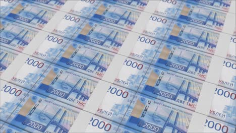 Impresión-De-Billetes-De-2000-Rublos-Rusos-Mediante-Una-Prensa-De-Dinero