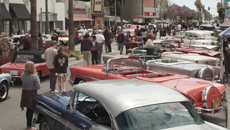High-angle-of-a-classic-car-show-in-a-California-town