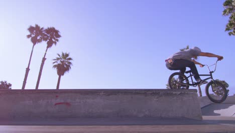 Low-Angle-View-Eines-BMX-Radfahrers,-Der-Einen-Wheelie-In-Einem-Skatepark-Macht-1