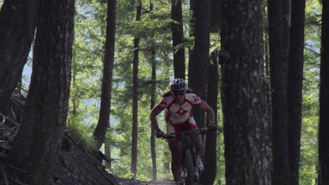 Un-Hombre-Monta-Una-Bicicleta-De-Montaña-Rápidamente-A-Través-De-Un-Denso-Bosque