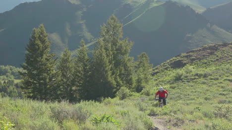 A-mountain-biker-pedals-through-a-mountainous-area-at-high-speed