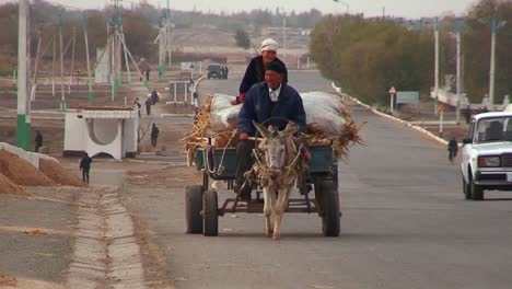 Ein-Eselskarren-Fährt-Auf-Einer-Stark-Befahrenen-Autobahn-In-Kasachstan-Oder-Usbekistan