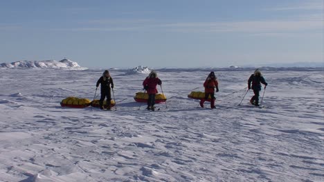 An-Arctic-expedition-moves-across-frozen-tundra-on-cross-country-skis-towing-supplies