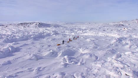 An-Arctic-expedition-moves-across-a-vast-landscape-of-frozen-tundra-on-cross-country-skis-towing-supplies