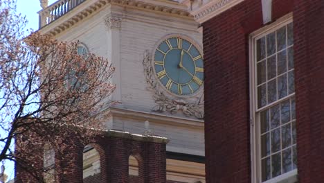 The-Camera-Pans-Up-To-The-Charming-Ornate-Clock-Tower-On-Independence-Hall