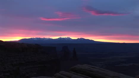 Long-Shot-Of-Snowcapped-La-Sal-Mountains-In-Canyonlands-National-Park-At-Goldenhour-1