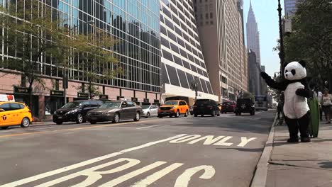 Yellow-cabs-and-other-traffic-pass-on-a-busy-street-in-New-York-City-while-a-person-in-a-panda-suit-looks-on