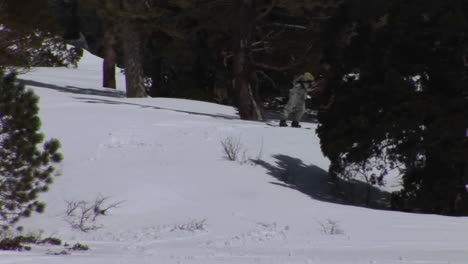 Following-shot-of-a-snowboarder-racing-down-a-hill