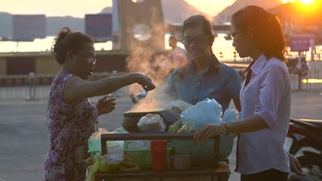 Vietnamesischer-Straßenhändler,-Der-Essen-Serviert-Serving