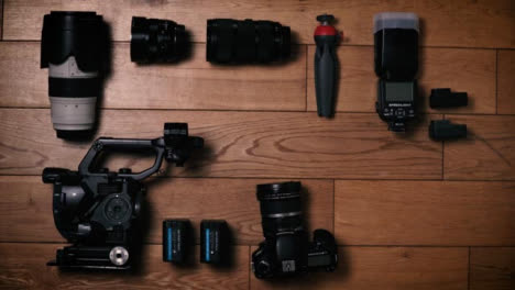 Flat-Lay-Stop-Motion-Clip-Camera-Gear-Sliding-Into-Frame