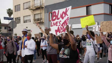 Hollywood-Schwarze-Frau,-Die-Während-Des-Protests-Ein-Schild-Mit-Schwarzen-Leben-Hält