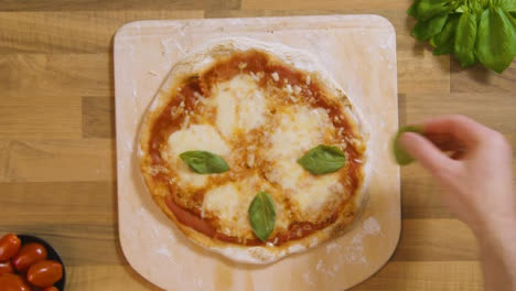 Top-View-Basil-Placed-on-Cooked-Cheese-Pizza-