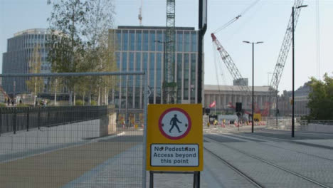 Wide-Shot-of-No-Pedestrian-Access-Sign-In-Birmingham-Street-