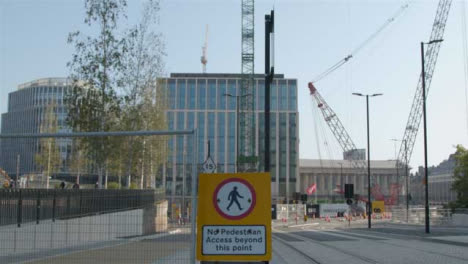 Dolly-Out-Shot-of-No-Pedestrian-Access-Sign-In-Birmingham-Street-
