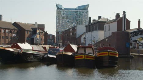 Wide-Shot-of-Canal-Boats-Moored-In-Birmingham-Canal-