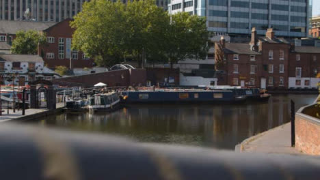 Panning-Shot-of-Canal-Boats-Moored-In-the-Birmingham-Canal-