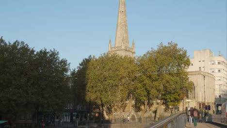 Tilting-Shot-of-Spire-of-St-Nicholas-Church-In-Bristol-England