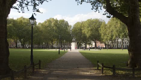 Tracking-Shot-Approaching-Equestrian-Statue-of-William-III-In-Queen-Square-In-Bristol