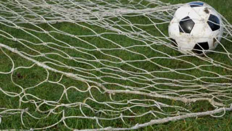 Medium-Shot-of-Soccer-Ball-Rolling-into-Goal-Net-Before-a-Foot-Rolls-It-Out