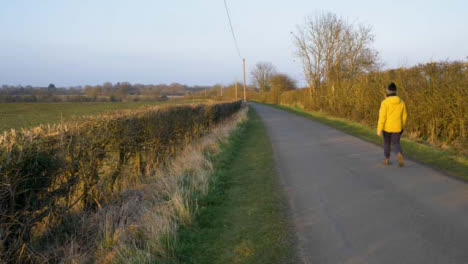 Toma-Panorámica-De-Una-Persona-Caminando-Por-La-Carretera-Del-Campo