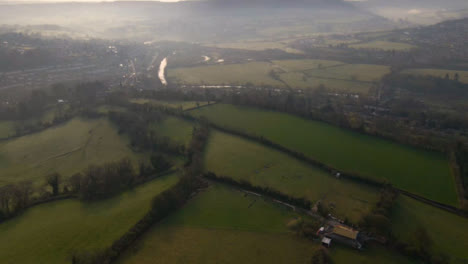 Drone-Shot-Overlooking-Rural-Somerset-Fields-