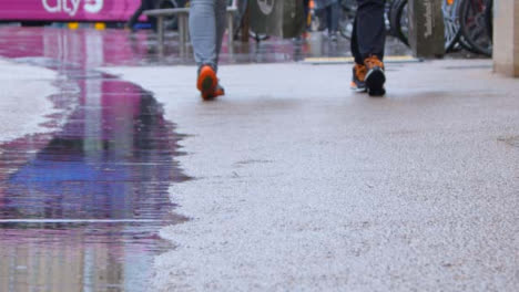 Sockelaufnahme-Von-Fußgängern,-Die-Neben-Einer-Pfütze-Laufen-Walking