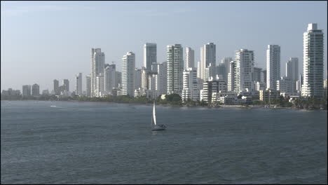 Colombia-Cartagena-skyline-sailboat-and-speedboat.mov