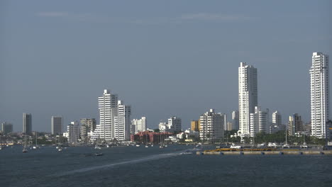 Colombia-Cartagena-skyline-with-small-boat.mov