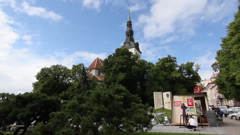 Tallin,-Estonia,-La-Torre-De-La-Iglesia-Por-Encima-De-Los-árboles