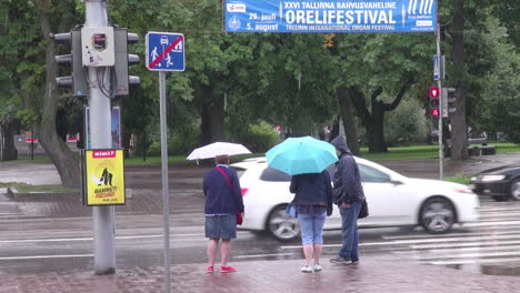 Tallinn-Estland-Leute-Mit-Regenschirmen,-Die-Den-Verkehr-Beobachten
