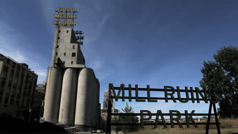 Minneapolis-Minnesota-Mill-Ruins-Park-sign-with-cars