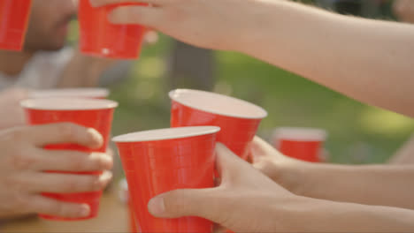 Close-Up-Shot-of-Young-Friends-Bringing-Their-Drinks-Together-In-a-Toast