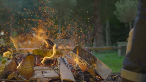 Close-Up-Shot-of-Wood-Being-Thrown-Onto-Burning-Campfire-