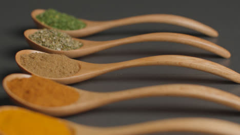 Overhead-Tracking-In-Shot-of-Herbs-and-Spices-in-Wooden-Spoons