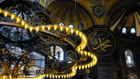 Low-Angle-Shot-of-Hagia-Sophia-Chandeliers