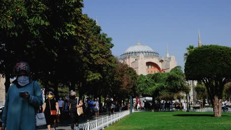 Wide-Shot-of-People-Outside-Hagia-Sophia-Mosque-In-Istanbul