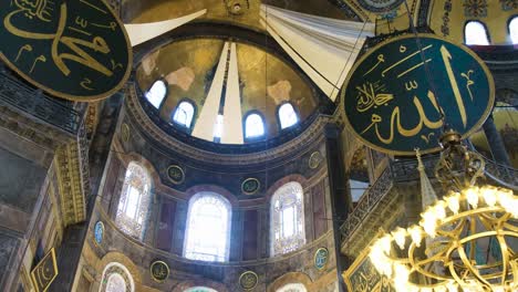 Low-Angle-Shot-Looking-Up-at-the-Hagia-Sophia-Dome-Ceiling-and-Interior-Features