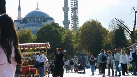 Große-Aufnahme-Von-Menschen,-Die-Auf-Dem-Sultanahmet-Platz-Herumlaufen?