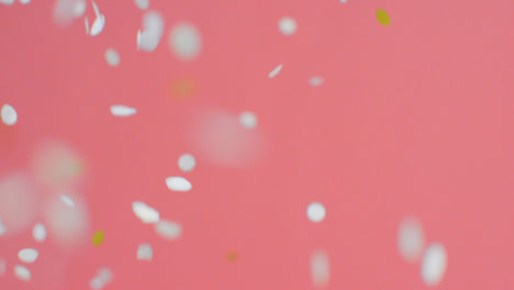 Stationary-Shot-of-White-and-Gold-Confetti-Falling-a-Against-Pink-Background