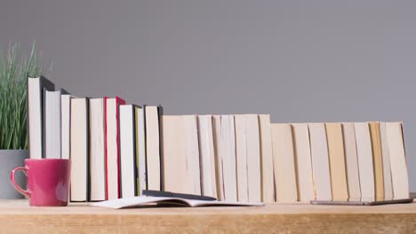 Stop-Motion-Shot-of-Line-of-Books-On-a-Desk