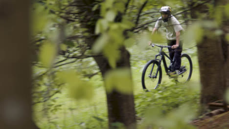 View-Through-Trees-Of-Man-On-Mountain-Bike-Cycling-Along-Trail-Through-Woodland-2
