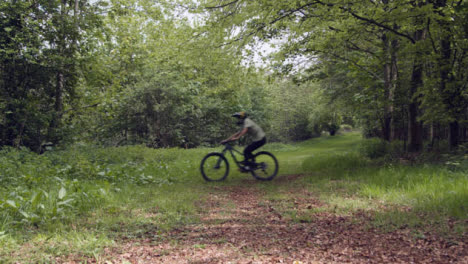 Mann-Auf-Dem-Mountainbike,-Der-Auf-Dem-Weg-Durch-Landschaft-Und-Wald-Radelt