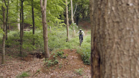 Zeitlupenaufnahme-Eines-Mannes-Auf-Dem-Mountainbike,-Der-In-Der-Luft-Auf-Einem-Feldweg-Durch-Den-Wald-Springt